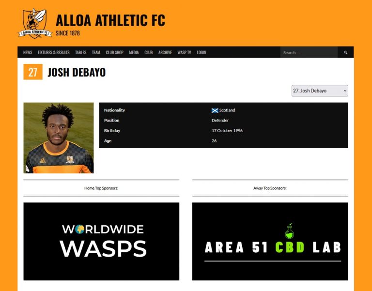 Area 51 CBD Lab sponsor Alloa Athletic FC Josh Debayo for the season!